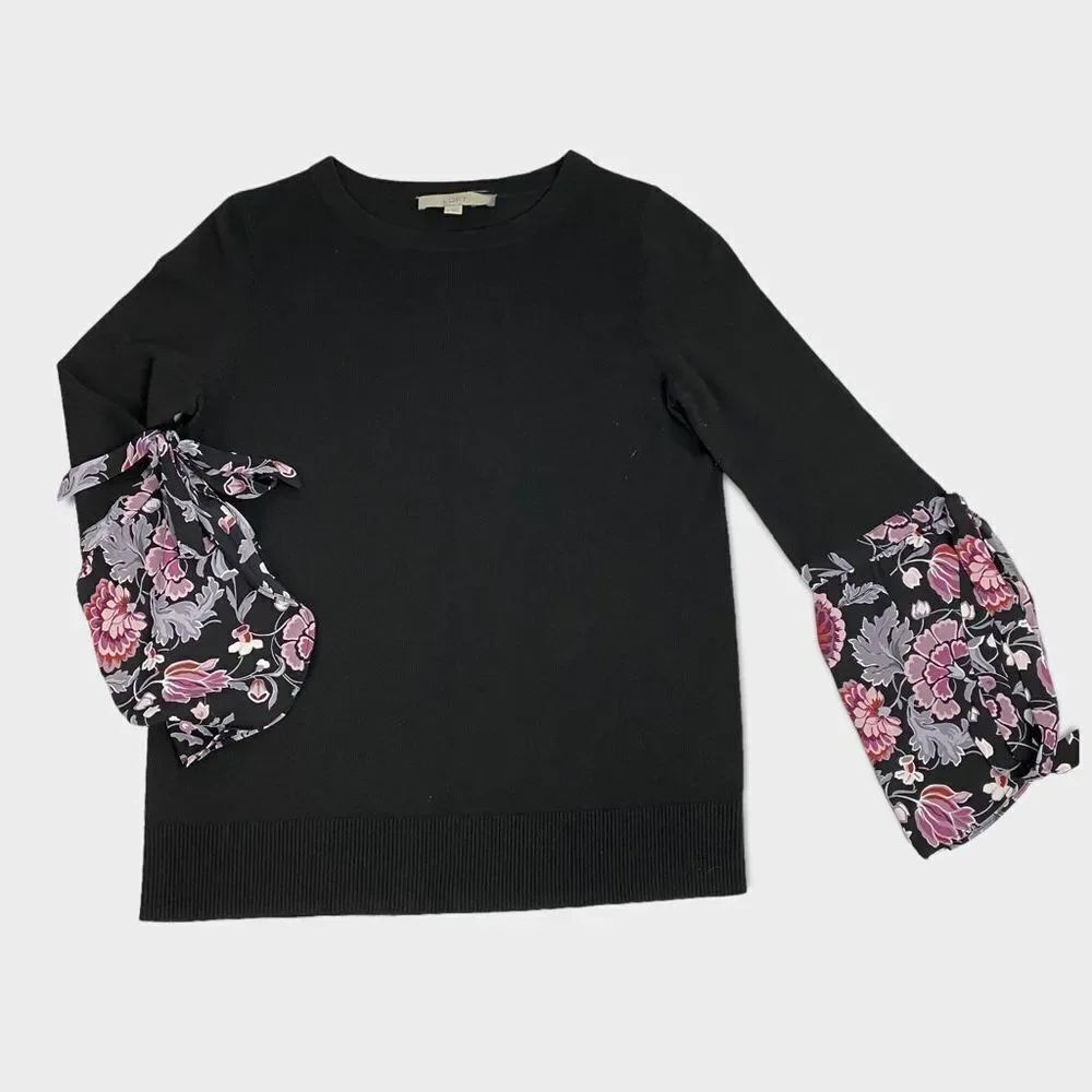 Loft Dahlia Garden Tie Sleeve Mixed Media Crewneck size Small